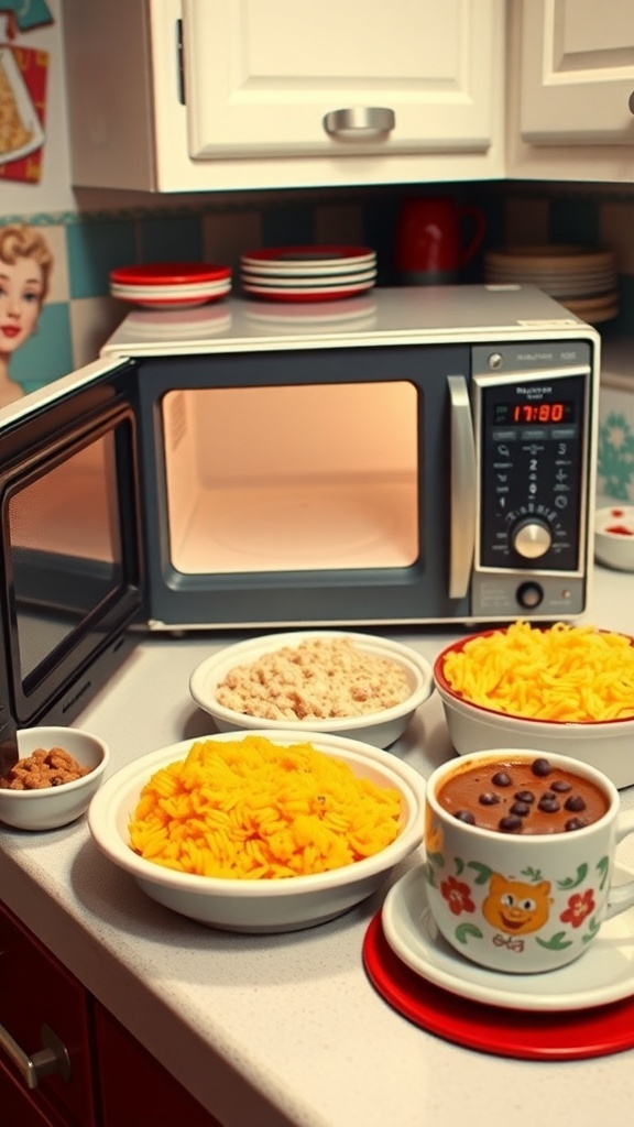 A vintage microwave with classic dishes like oatmeal, cheesy rice, and mug cake on a retro kitchen counter.